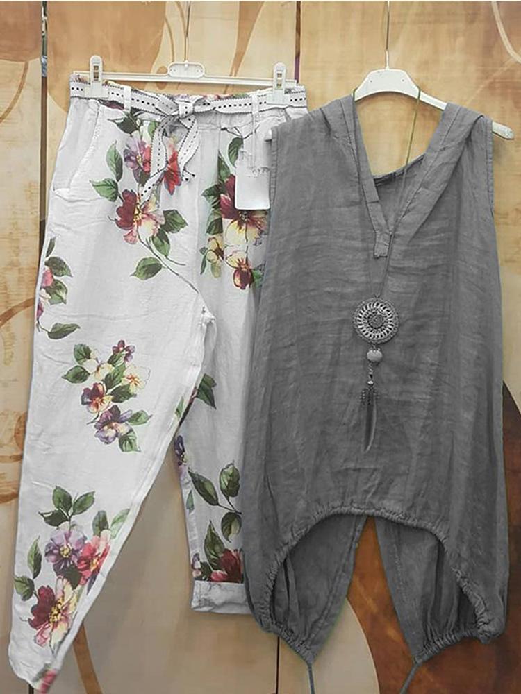 Women's Solid Top Floral Printed Casual Pants Two Pieces Set