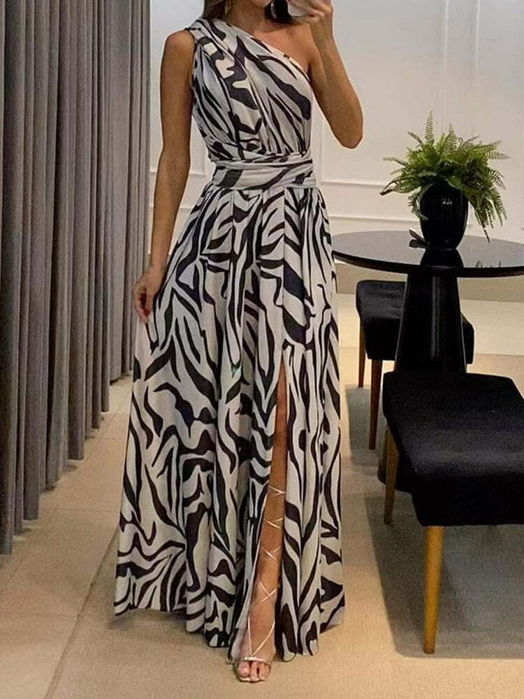 White Black Zebra Print Asymmetrical Front Slit Maxi Dress