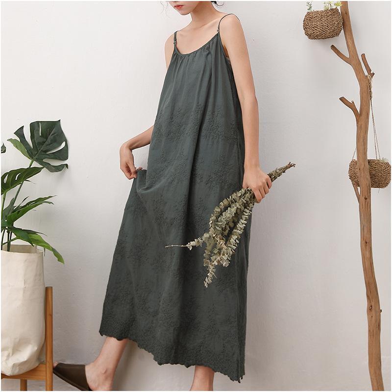 Solid Color Embroidery Loose Halter Cotton Linen Long Dress