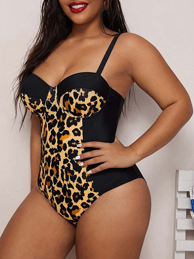 Sexy Leopard Print Plus Size Swimsuit