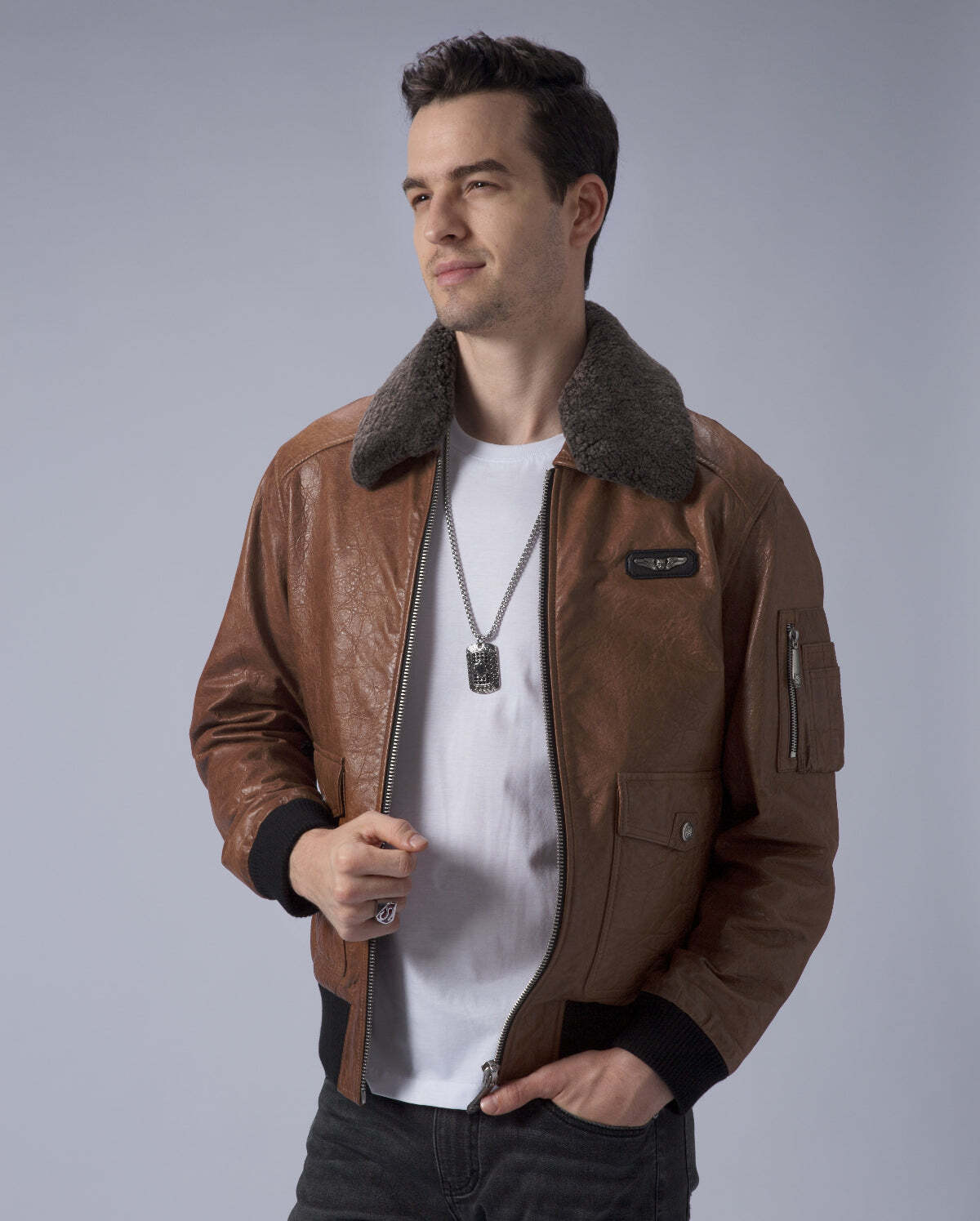 Brown G-1 Navy Leather Flight Jacket with Removable Fur Collar