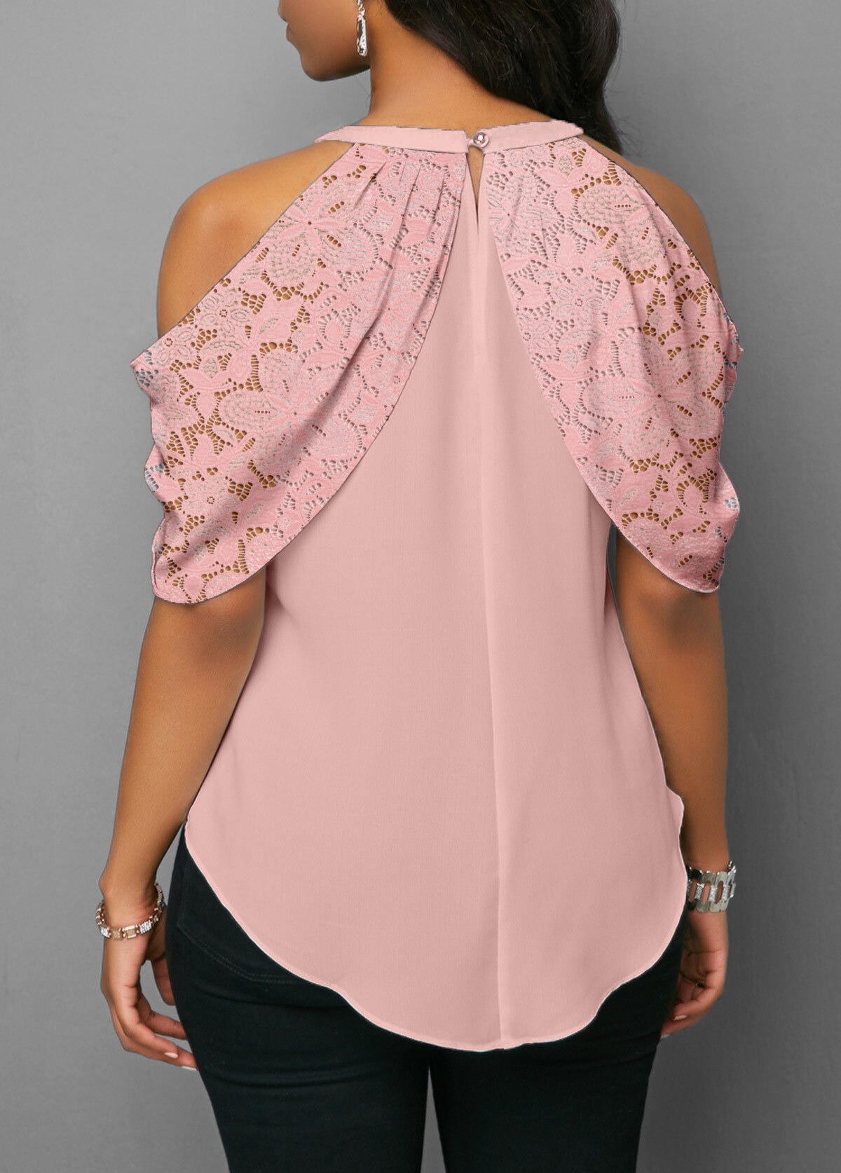 Bowknot Lace Stitching Cold Shoulder Pink Blouse