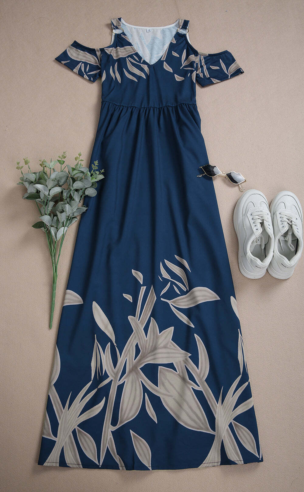 Cobalt Blue Cold Shoulder Pleated V-Neck Summer Maxi Dress