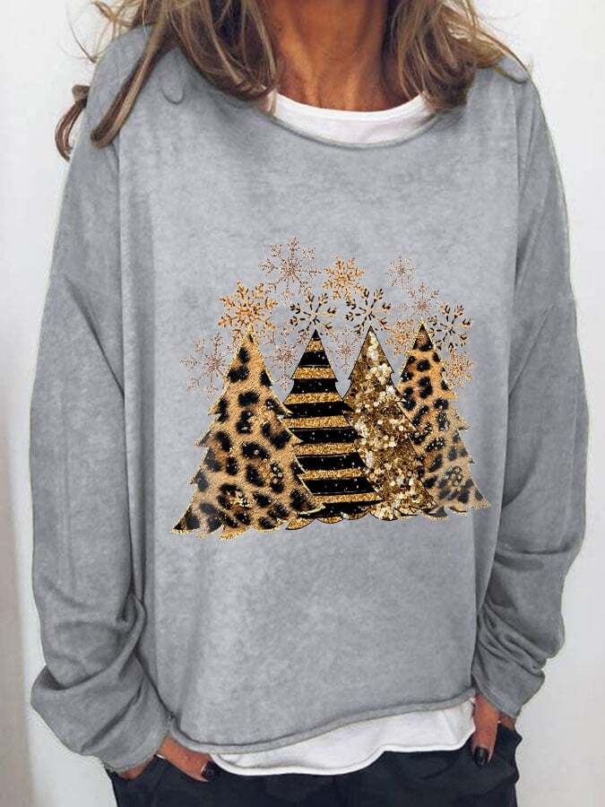 Women's Leopard Christmas Tree Print Long Sleeve T-Shirt