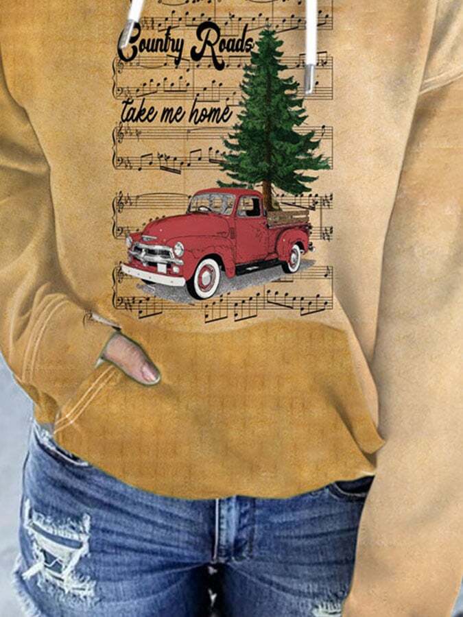 Christmas Tree Truck Country Roads Take Me Home With Pocket Print Hoodie