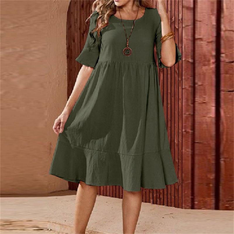 Cotton And Linen Soild Color Dress With A Round Collar And A Big Swing