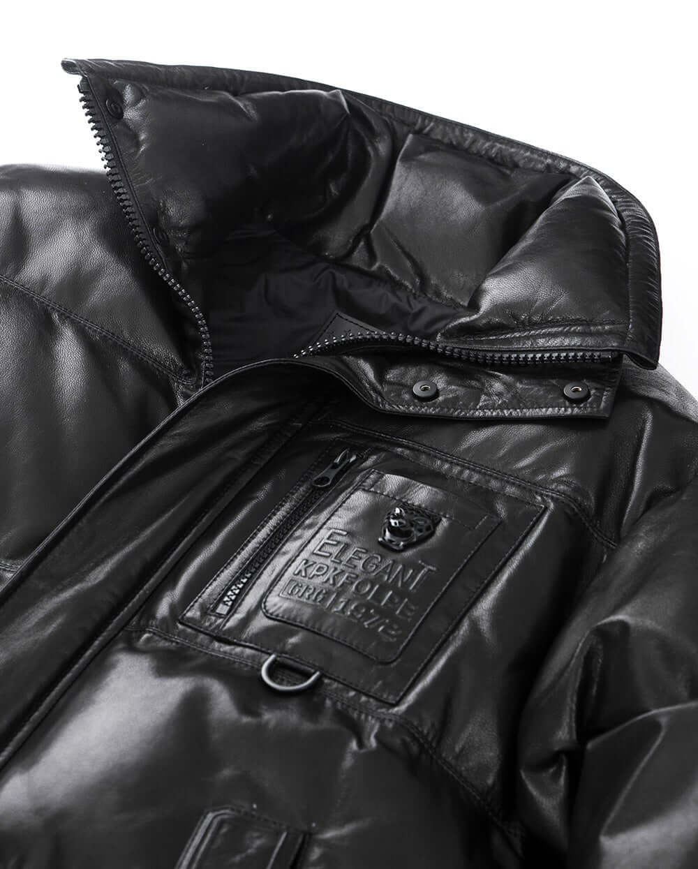 Black Patched Genuine Leather Bomber Down Jacket