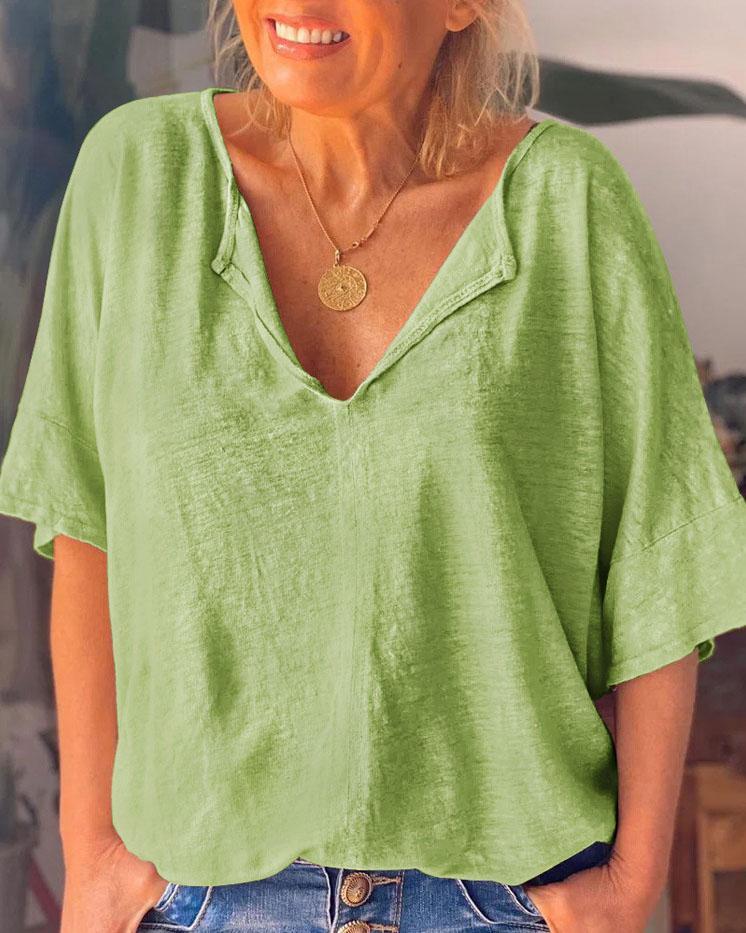 Women's V Neck Solid Color Cotton And Linen T-Shirt