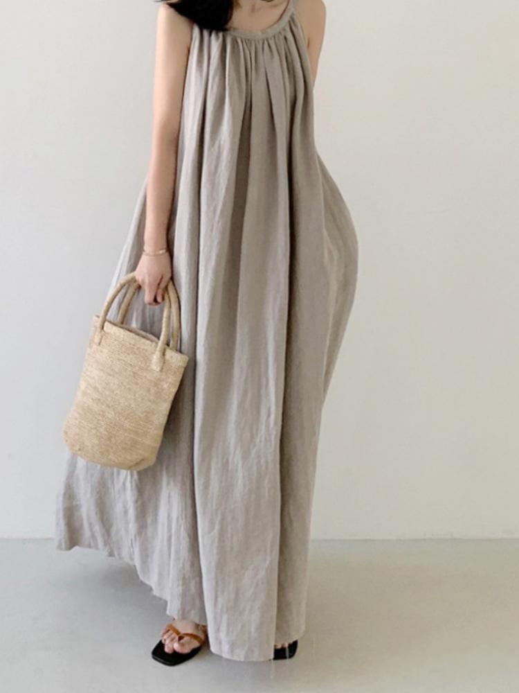 Women's Solid Color Halter Loose Cotton And Linen Maxi Dress