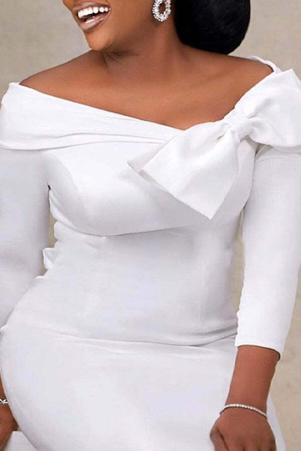 Temperament Solid Color Oblique Collar Bow Midi Dress