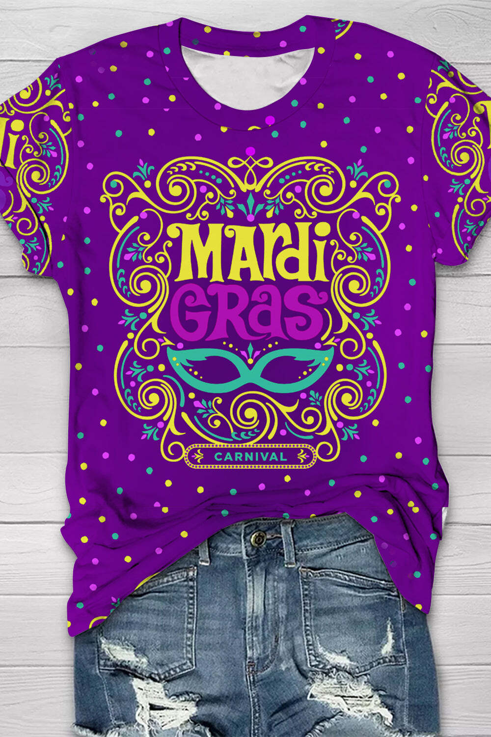[CLEARANCE SALE]MArdi GRAS Mask Floral Font Purple Round Neck Short Sleeve T-shirt