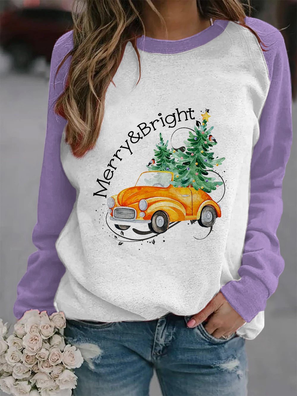 Women's Merry And Bright Christmas Tree🎄&Car Print Casual Sweatshirt