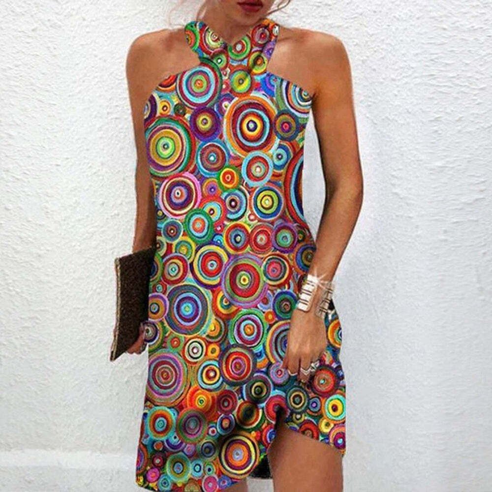Psychedelic Colorful Spiral Print Halter Mini Dress