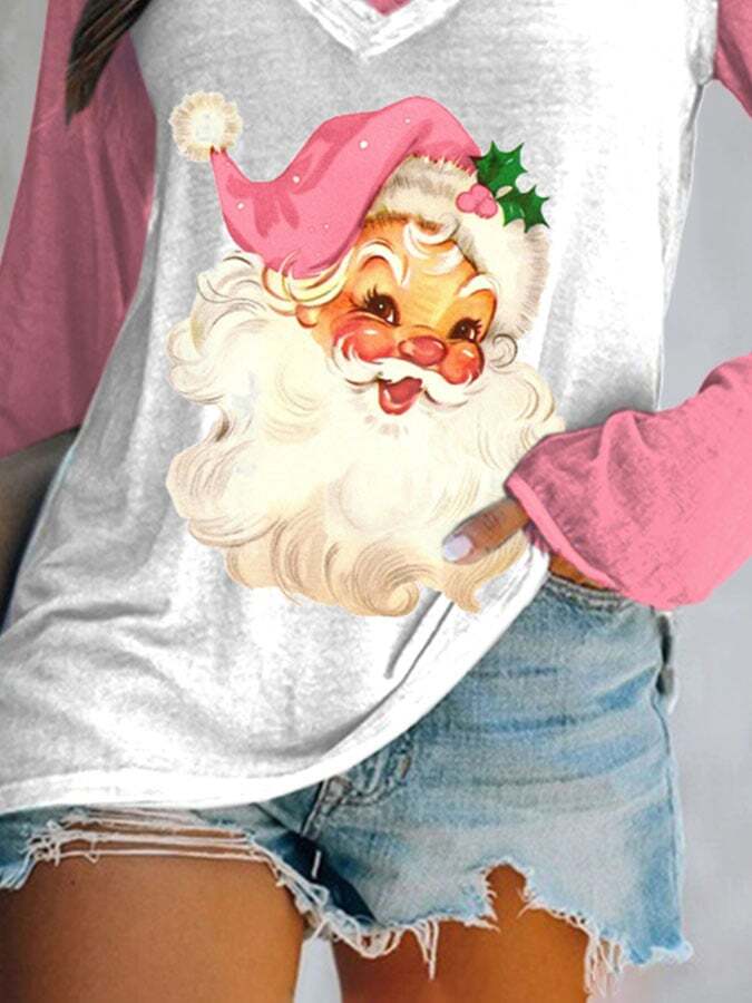 Christmas Retro Pink Santa Print Long Sleeve T-Shirt