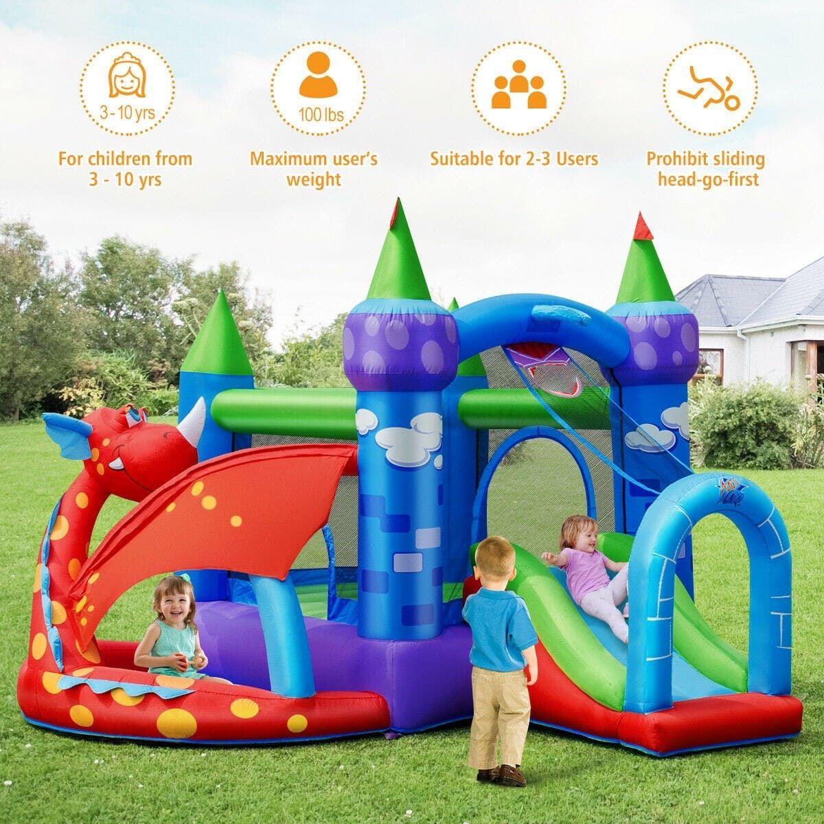 Dragon Castle Jumping Slide Inflatable Bounce House with 740W Air Blower