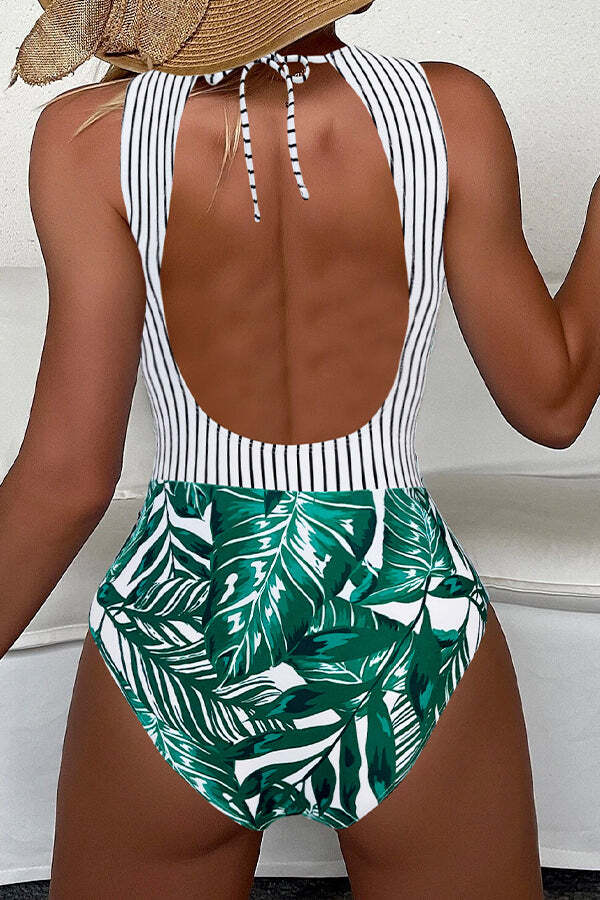 Striped Leafy One Piece Swimsuit