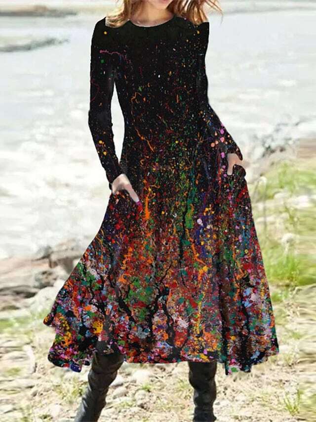 Paint Splatter Long Sleeve Uneven Hem Midi Dress