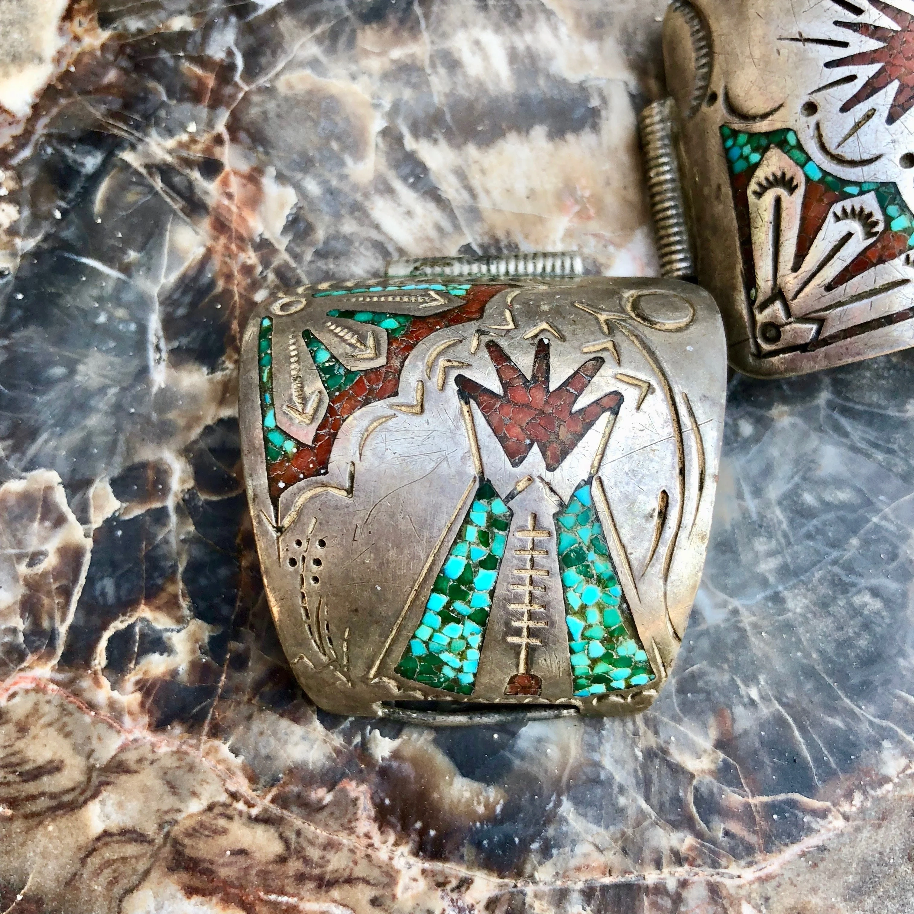 Sterling Silver Shiprock Mosaic Watch Band Plates by William Singer Navajo