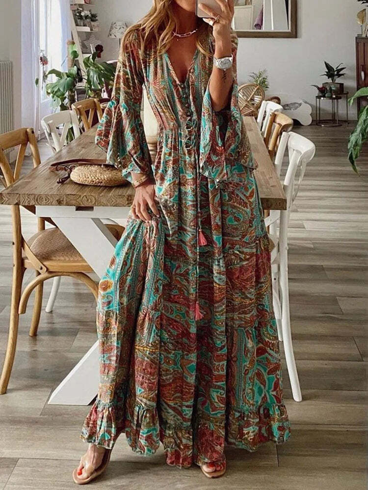 Women‘s??Boho Floral Pattern Flared Sleeve Maxi Dress