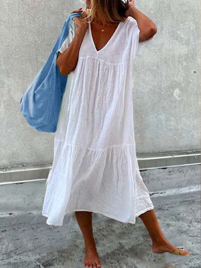 Women's Cotton Linen Casual V Neck Pleated Dress