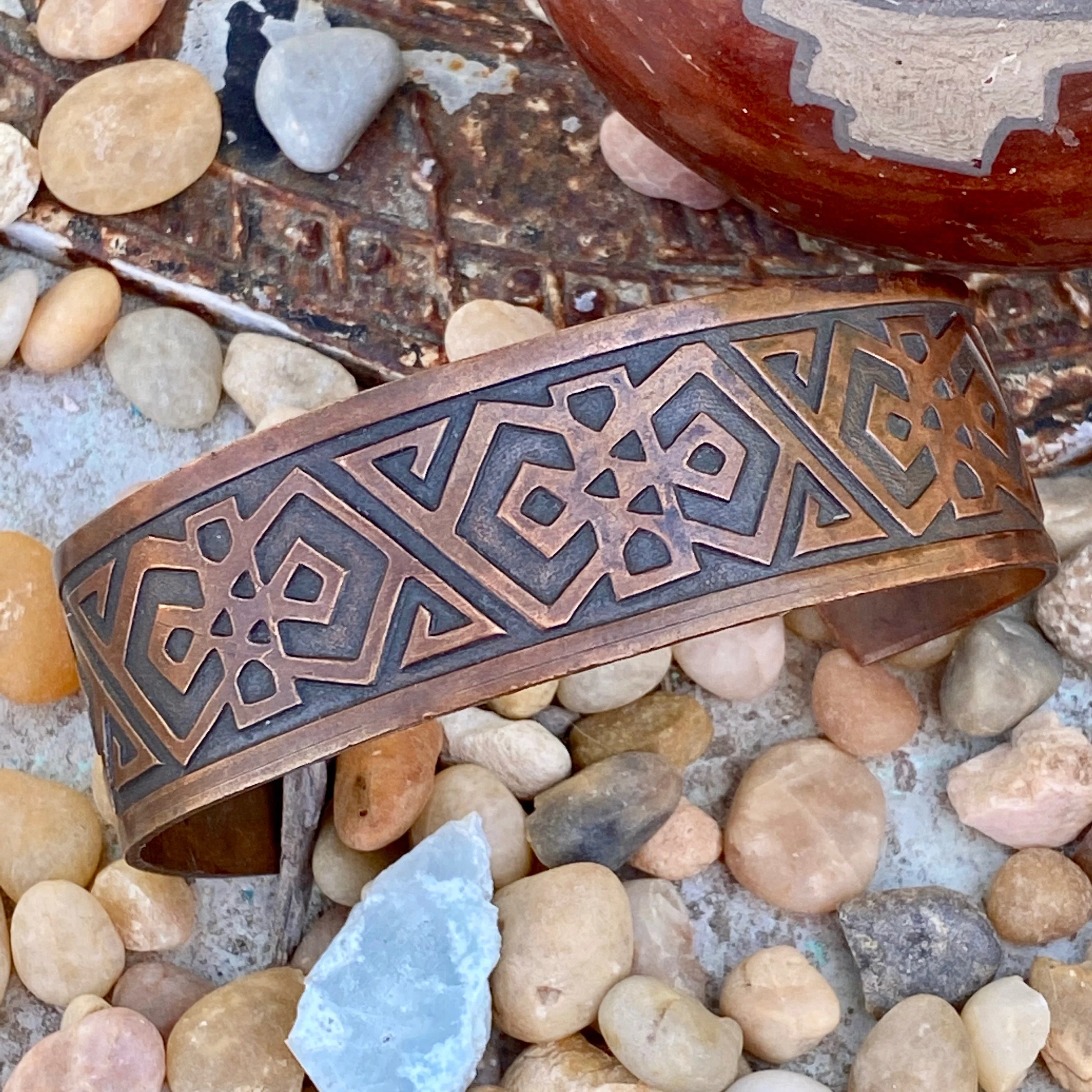 Large Vintage Solid Copper Bracelet With Tribal Style Design Parklane