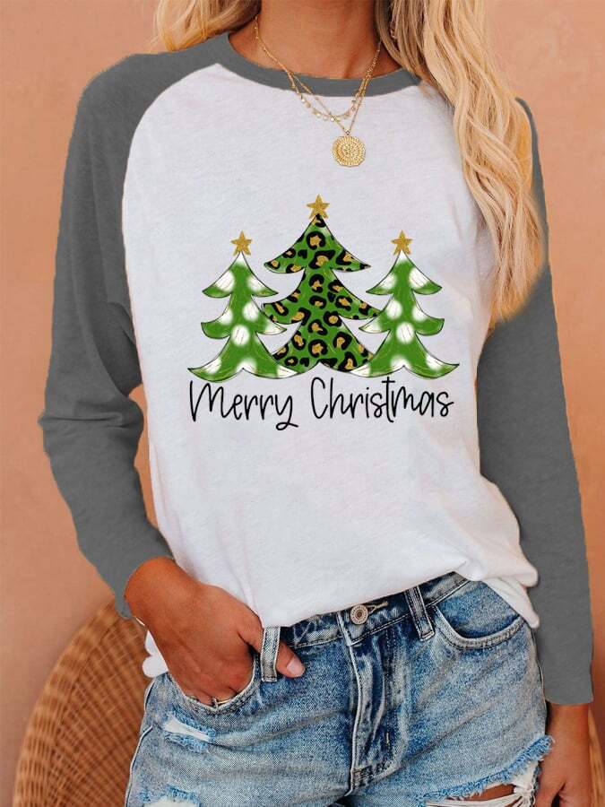 Women's Merry Christmas leopard tree Print Casual Long-Sleeve T-Shirt