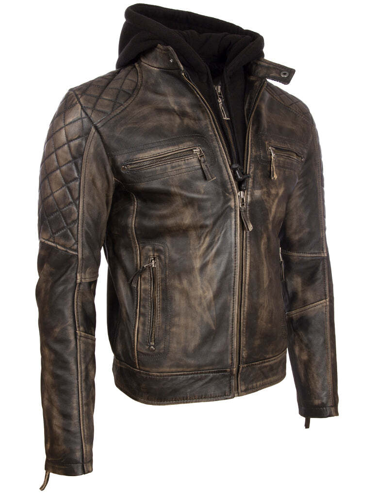 Men's  Leather Vintage Look Biker Jacket with Removable Hood (2JB2)