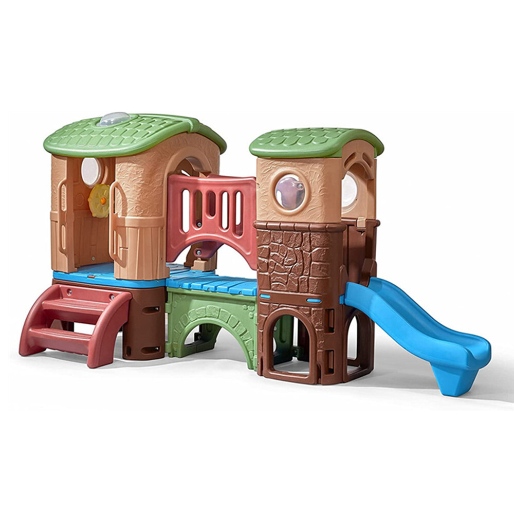 Toddler Play Gym with Elevated Clubhouse, Two Slides, Bridge, and Crawl-Through Tunnel
