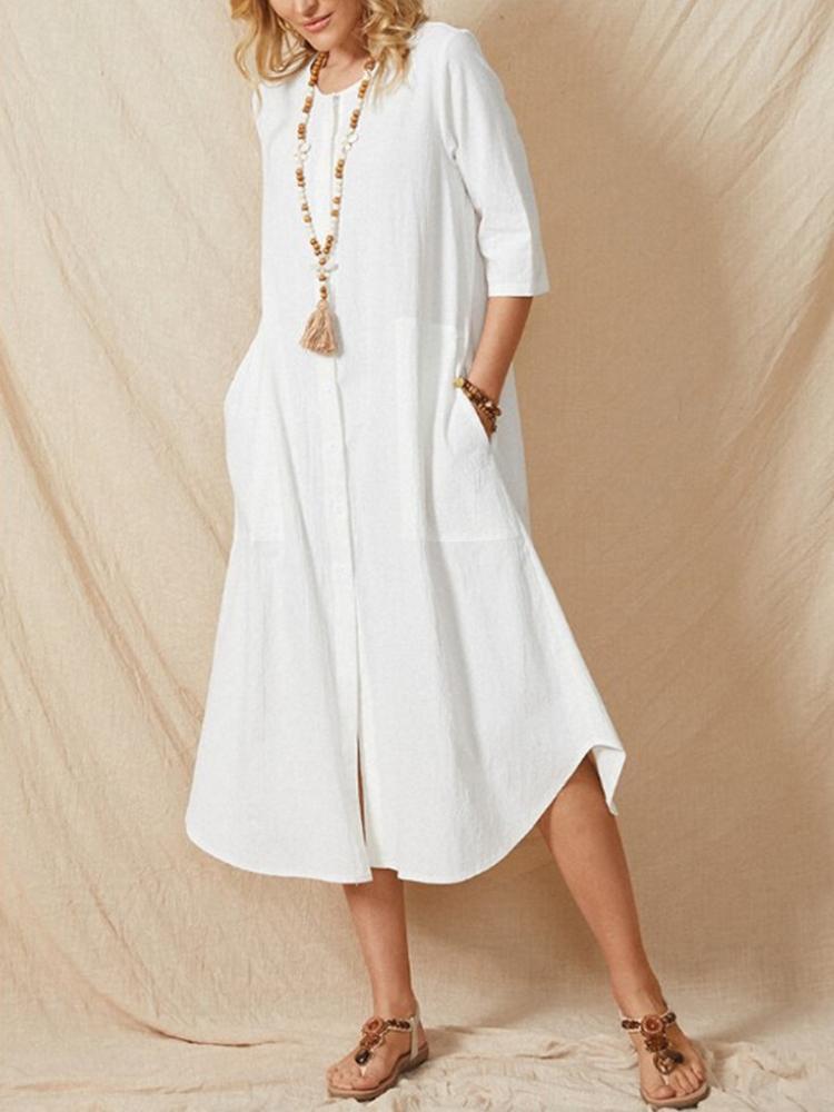 Round Neck 7 Minutes Sleeve Single-Breasted Solid Color Cotton Linen Dress?