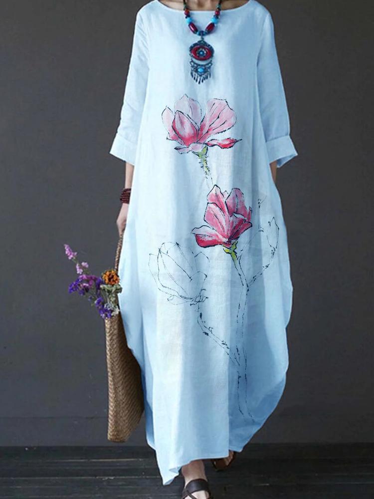 Women's Flower Print Long Sleeve Maxi Dress