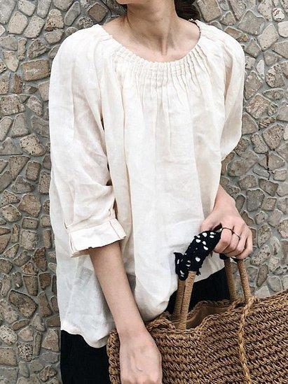 Round Neck Solid Color Pleated Mid-Sleeve Casual Fashion Top
