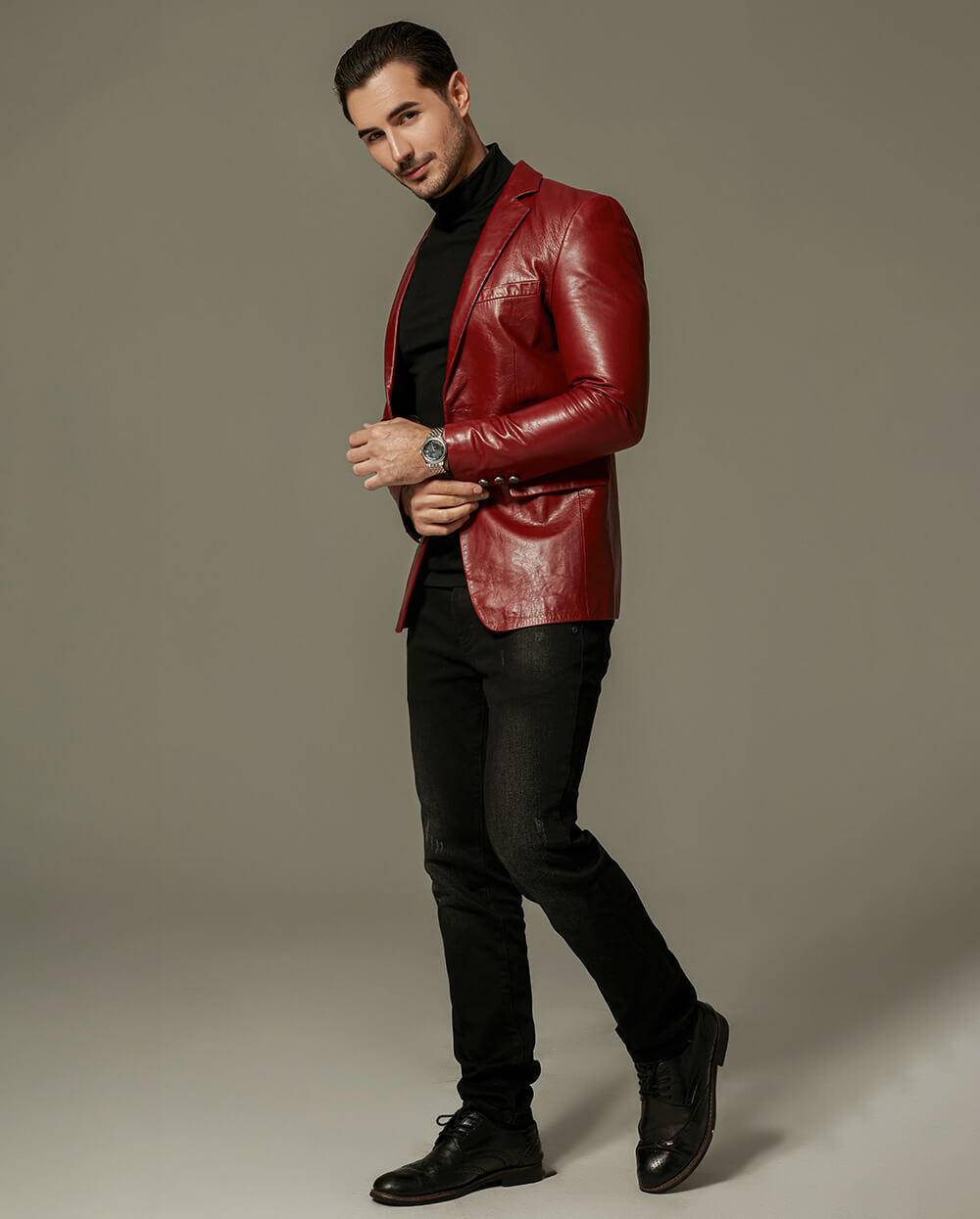 Red Buttoned Goatskin Blazer Leather Jacket