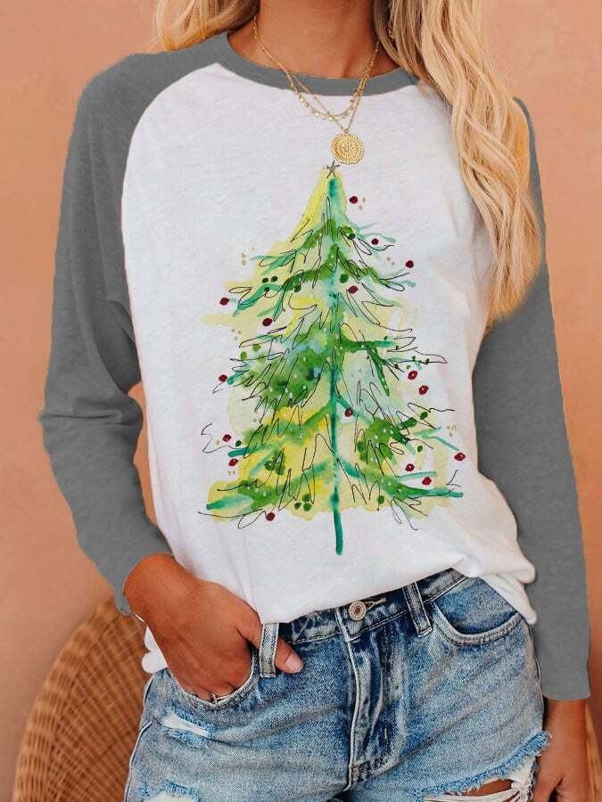 Women's Watercolor Christmas Tree🎄 Print Casual Long-Sleeve T-Shirt