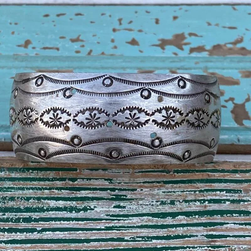 Navajo Stamp Decorated Sterling Silver Wide Cuff by Jason Livingston Navajo