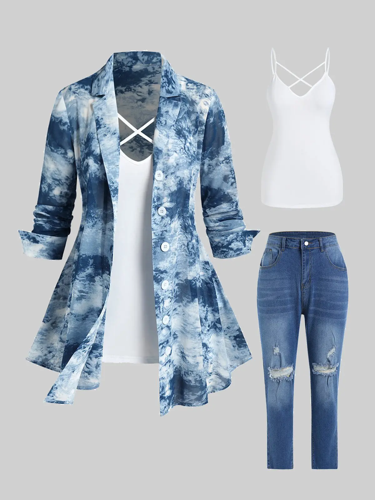 Tie Dye Long Sleeves Shacket and Crisscross Tank Top Set and Ripped Cat's Whiskers High Waisted Jeans Plus Size Outfit - Light Blue