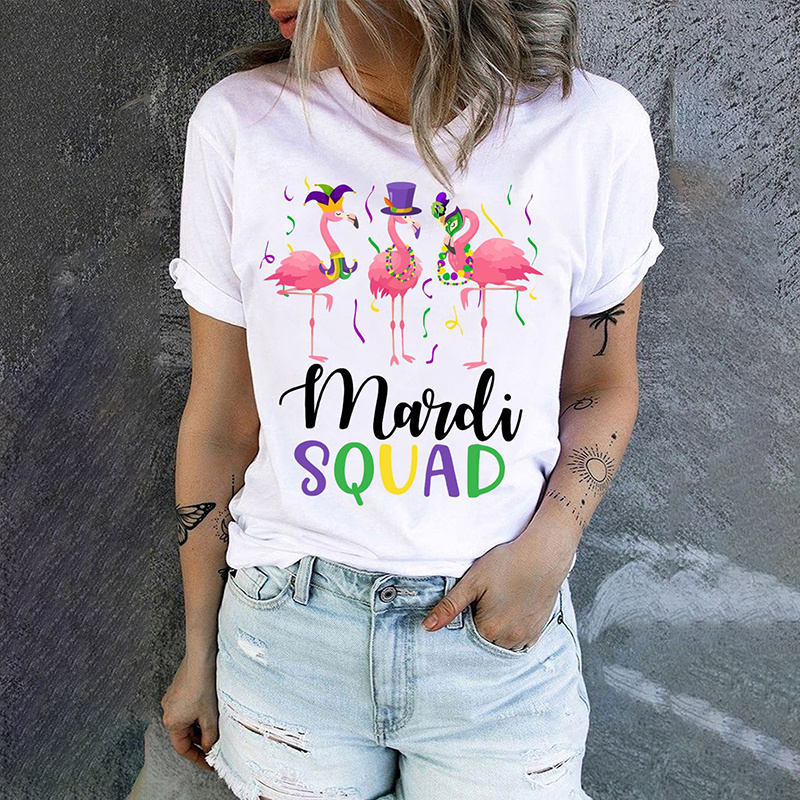 [CLEARANCE SALE]Mardi Gras Flamingo Graphic Round Neck T-Shirt