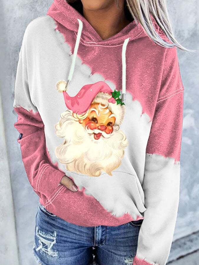 Christmas Retro Pink Santa With Pocket Print Hoodie
