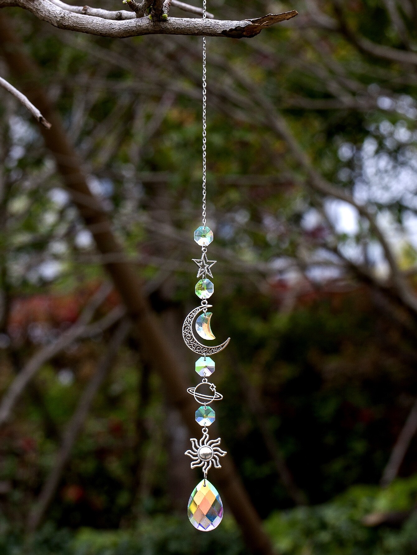 1pc Bird Repellent Crystal Pendant, Crystal Moon & Star String Hanging Plant Protector, For Home Garden