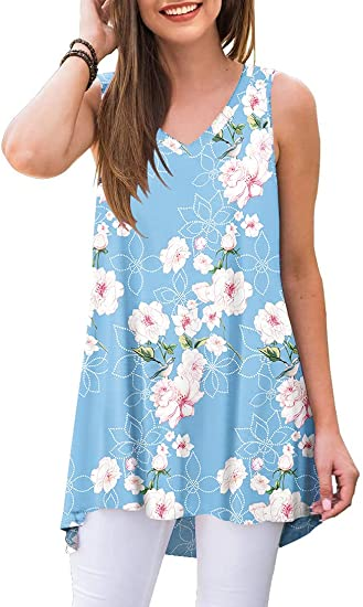 POPYOUNG Women's Summer Sleeveless Tunic Tops to Wear with Leggings V-Neck T-Shirt Flowy Tank Top Casual Loose Blouse Shirt
