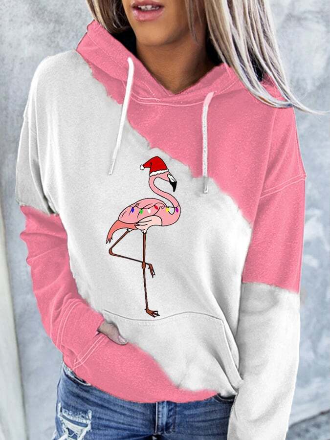Women's Christmas Flamingo Print Casual Hoodie