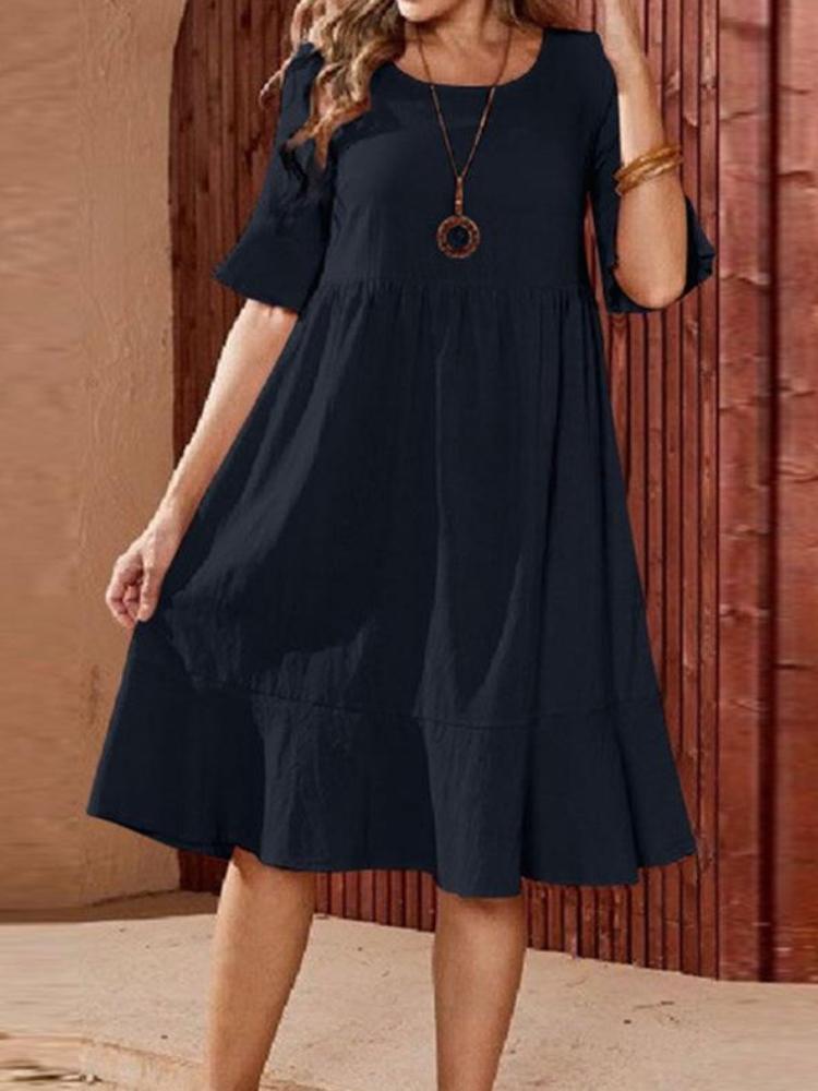Cotton And Linen Soild Color Dress With A Round Collar And A Big Swing