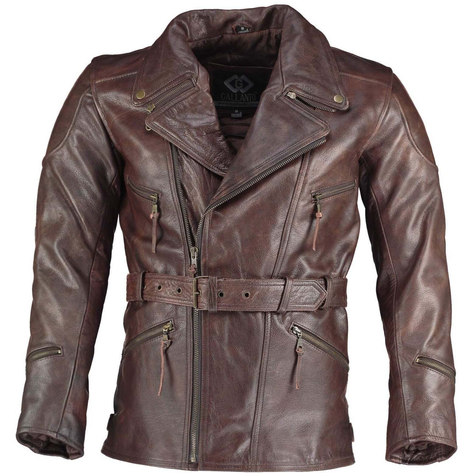 Long Eddie Dark Brown Belted Biker Leather Jacket