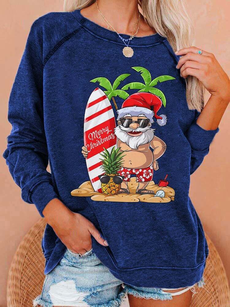 Women's Merry Christmas Santa Coconut Tree Print Casual Sweatshirt