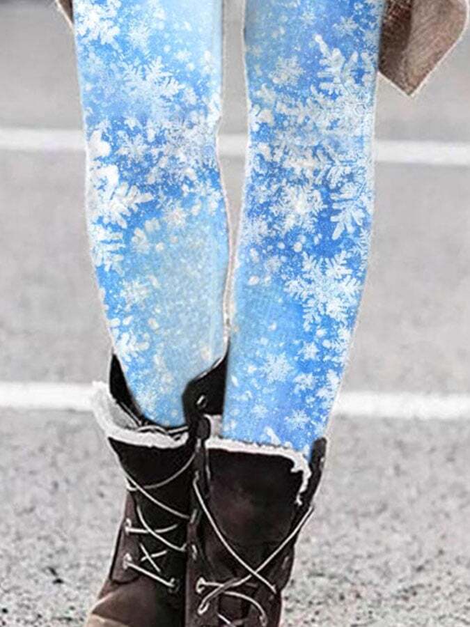 Casual Blue Snowflake Print Leggings