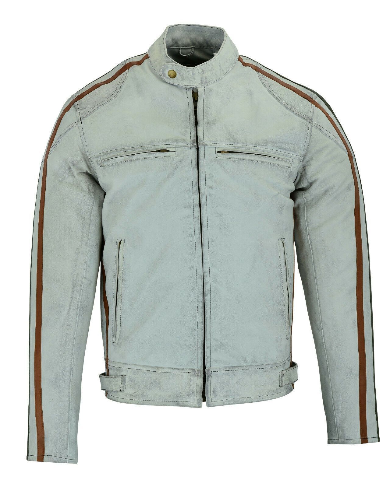 Classic Mens Dirty Grey Motorcycle Leather Jacket Biker Tan and Green stripes