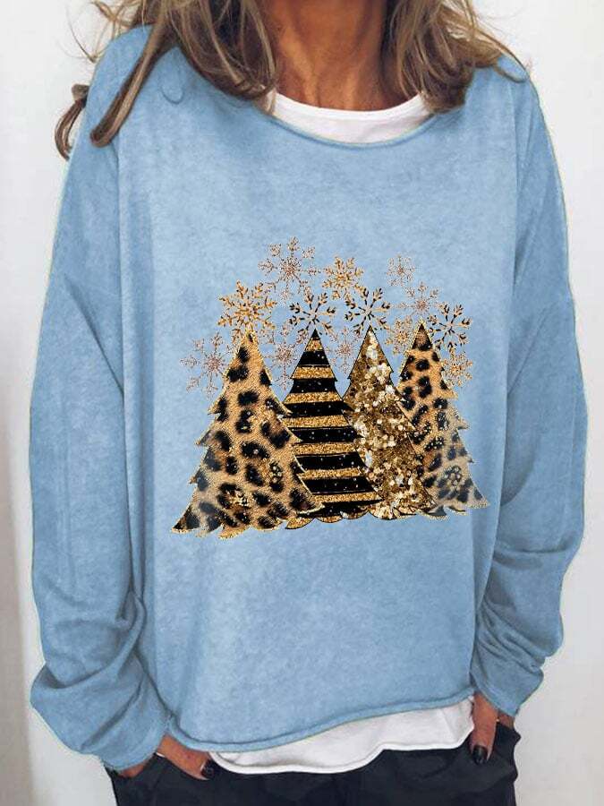 Women's Leopard Christmas Tree Print Long Sleeve T-Shirt
