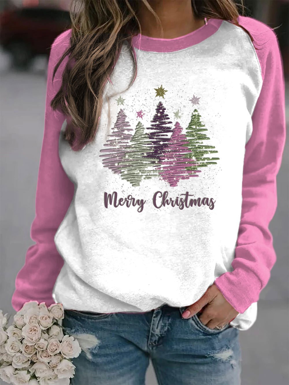 Women's Beautiful Zig Zag Christmas Trees Print Sweatshirt
