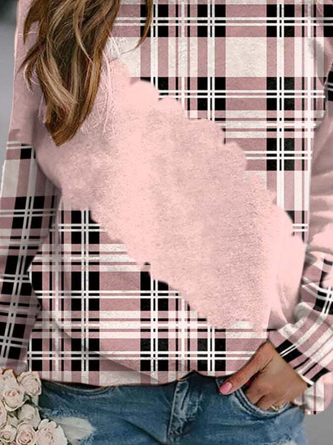 Casual Pink Plaid Color Block Print Sweatshirt