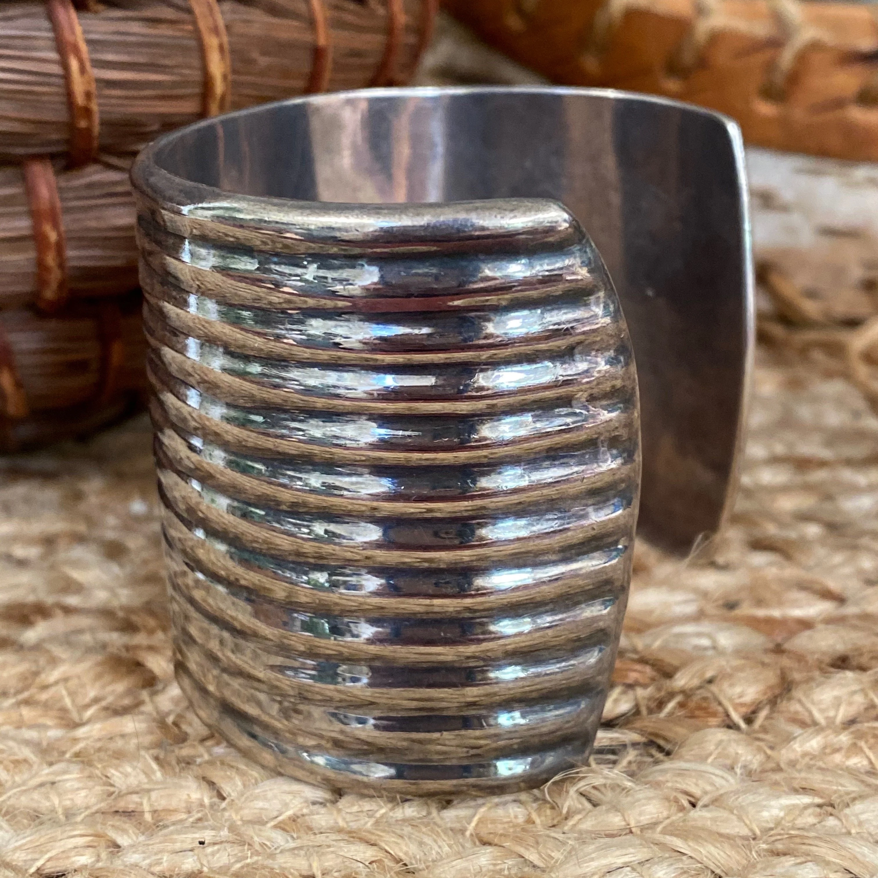 Wide Ribbed Cuff Bracelet in Solid Sterling Silver Taxco Mexico