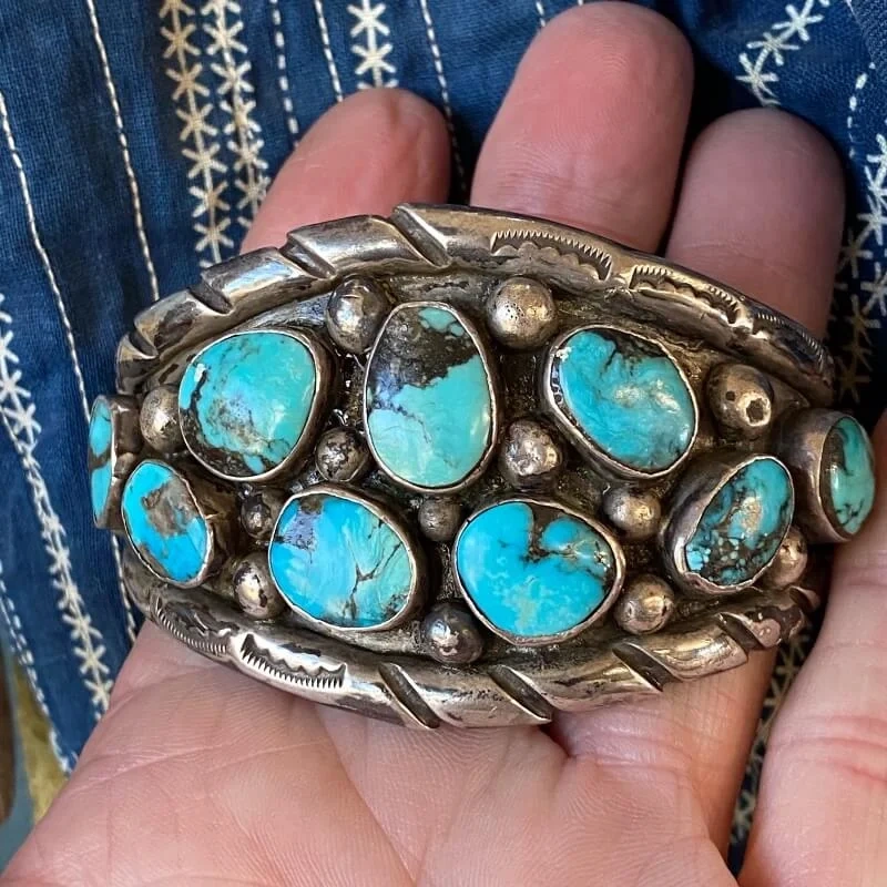 Vintage Stormy Mountain Cluster Turquoise Bracelet in Sterling Silver Navajo